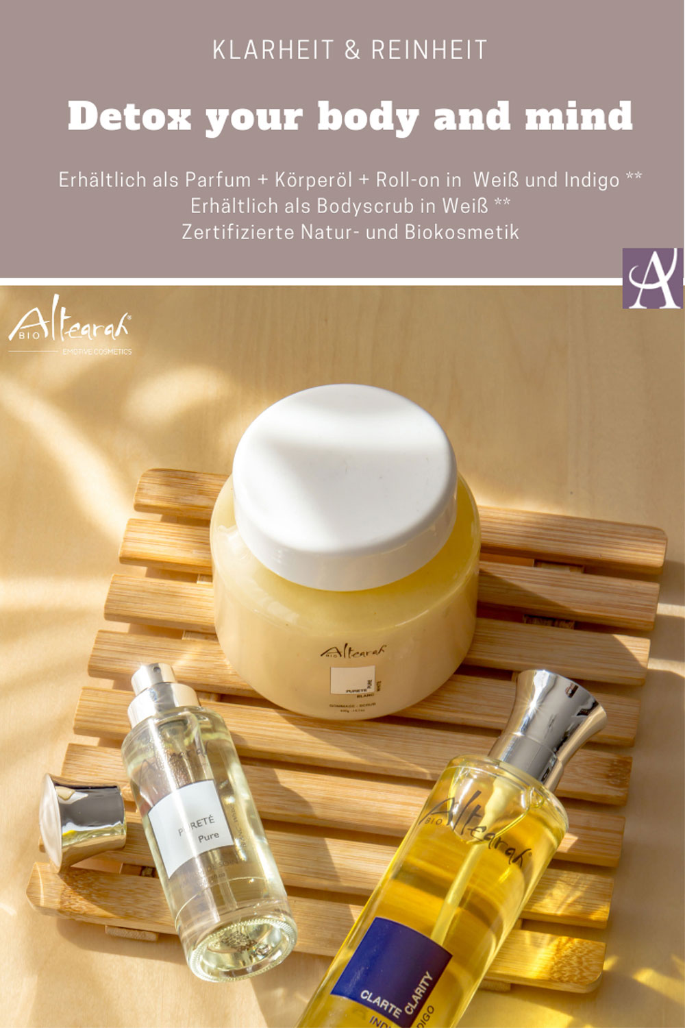 Das 3-tlg. Set Detox Body & Mind mit hochwertigen ätherischen Ölen beinhaltet je 1 x Bodyscrub, Bioparfum und Körperöl von Altearah
