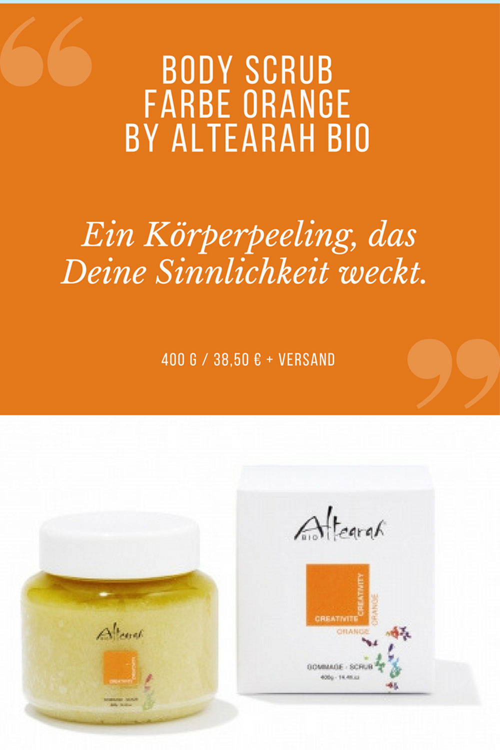 Ein Peeling, das Deine Sinnlichkeit weckt. Deine Haut wird zart und begeistert durch ein natürliches, frisches Schimmern! Verringert Orangenhaut und hilft Wasseransammlungen abzubauen.