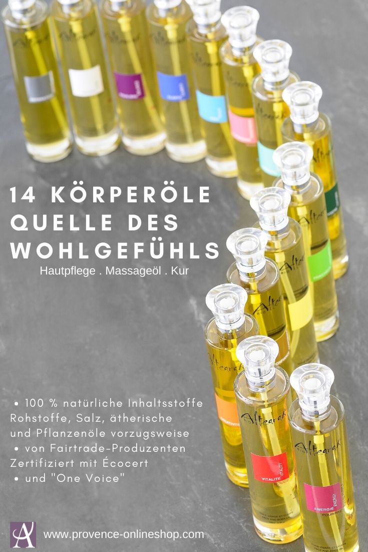 100 % natürliche Körperöle von Altearah Bio ✓ mit ätherischen Ölen zur Hautpflege, Massage oder als Kur anwendbar ✓ Ecocert und One Voice Zertifiziert