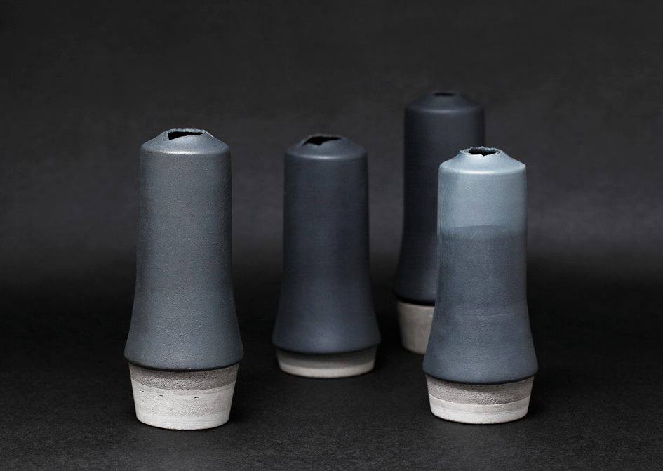Designer Vase Porzellan & Beton schwarz grau