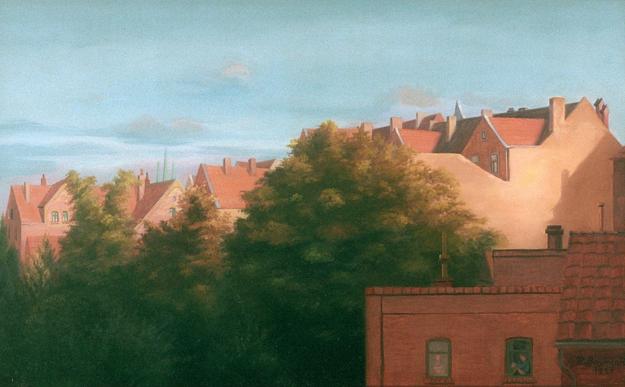 Das Gemälde im realistischen Stil zeigt Backsteingiebel und Dächer.