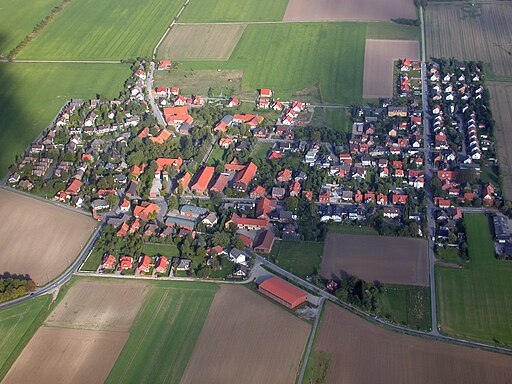 Luftaufnahme eines Dorfes umgeben von Feldern