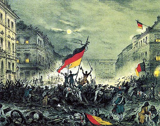 Ereignisblatt aus den revolutionären Märztagen 18.-19. März 1848 mit einer Barrikadenszene aus der Breiten Strasse